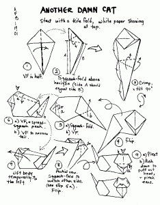 Hand sketched instructions for an origami cat