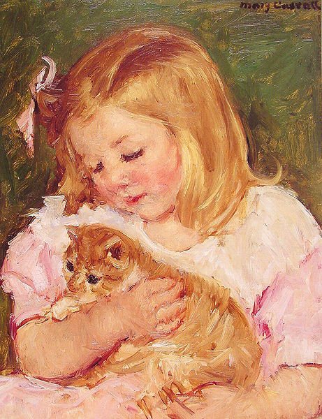 Painting of child holding a cat