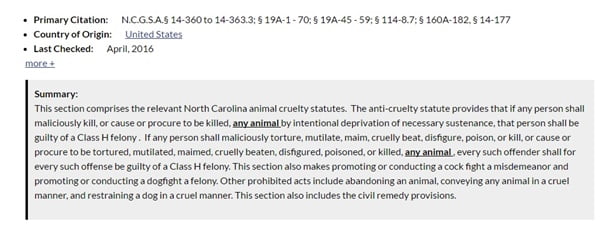 screenshot of NC cruelty laws