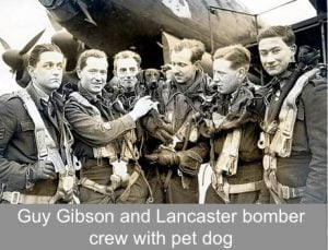 Guy Gibson and Lancaster bomber crew with pet dog