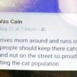 Cain brags about driving over cats and enjoying it