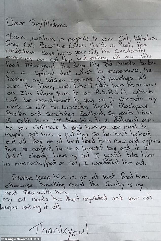 Note from woman threatening abduction of neighbour's wandering cat