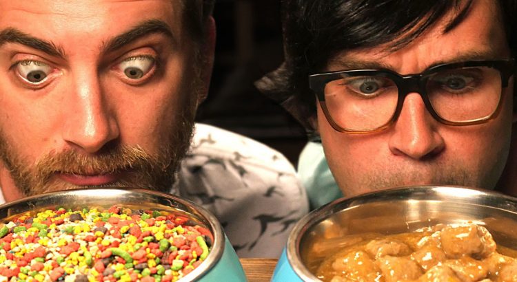 Taste testing cat and dog food. Note: this is a joke and these guys are not Mars employees. "Rhett & Link Eat a Variety of Pet Foods"