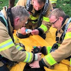 Three firefighters attend to a cat rescued from a fire caused by lighting