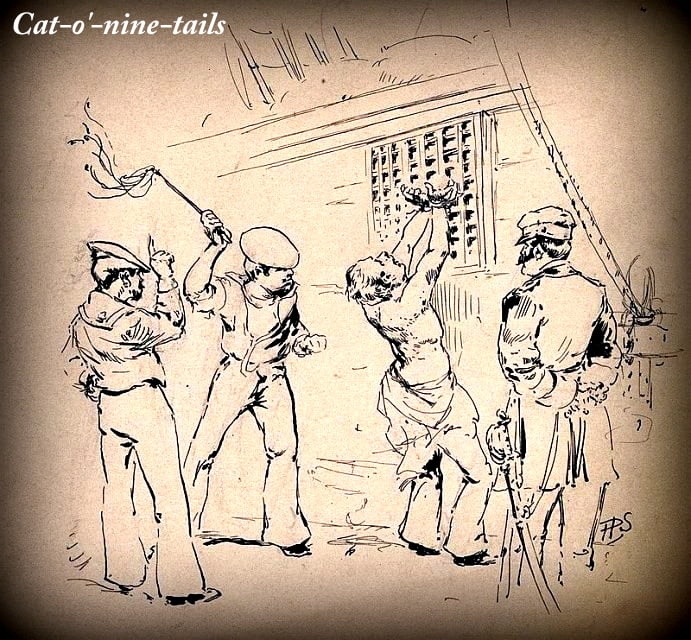 A sailor is stipped to the waist and whipped with a cat-o'-nine-tails