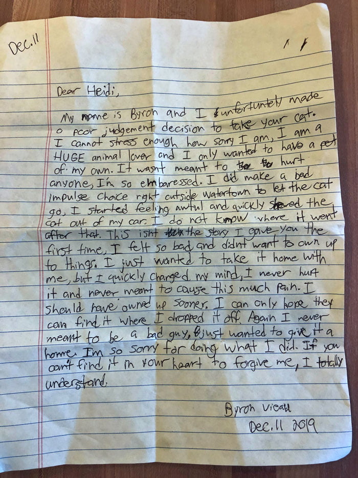 Letter from cat thief to cat owner