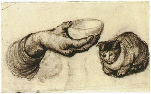 Vincent van Gogh's sketch of hand with bowl and cat