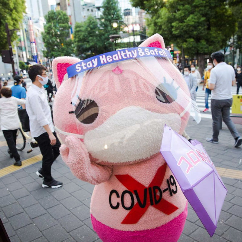 Anti-coronavirus cute cat mascot in Tokyo handing out facemasks and dishing out advice