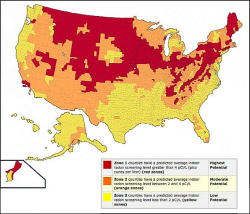 EPA radon gas map of USA
