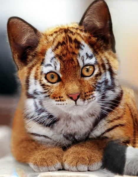 Photo-edited image of a domestic cat and a tiger cub merged together
