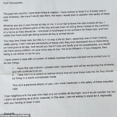 Letter from neighbour complaining about cat welfare