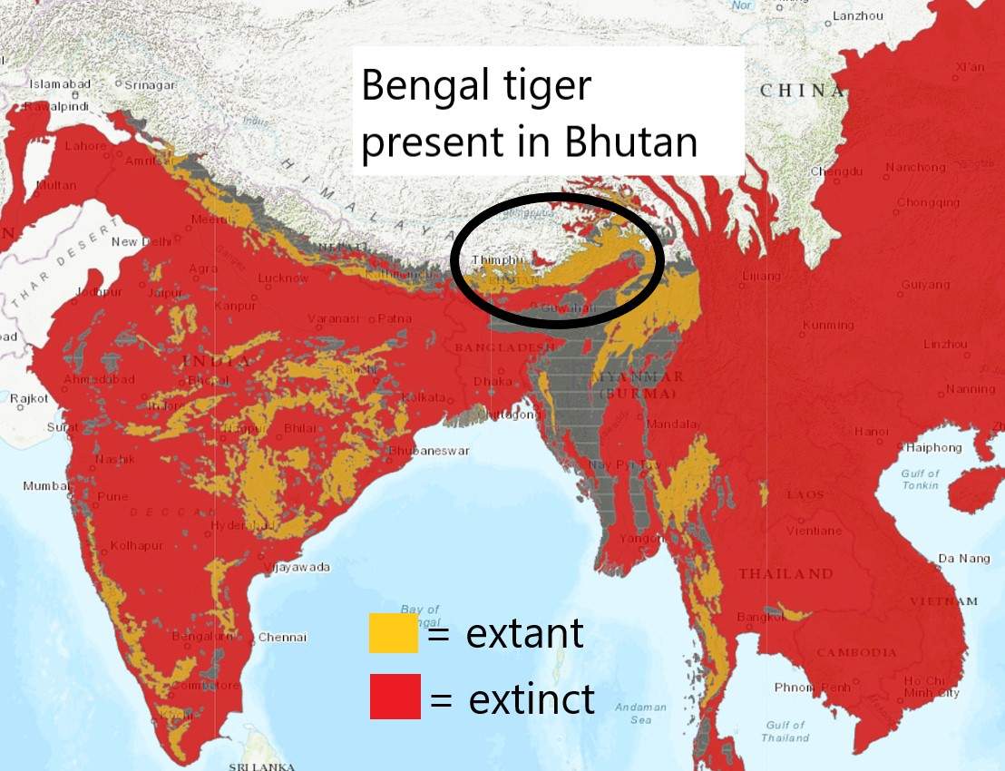 Bengal tiger in Bhutan (map)