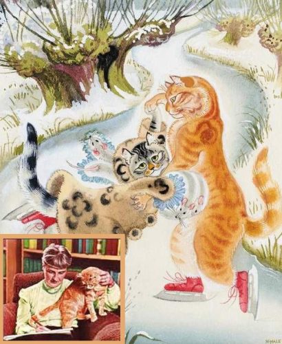 Kathleen Hale's marmalade cat Orlando in real life and in one of her stories