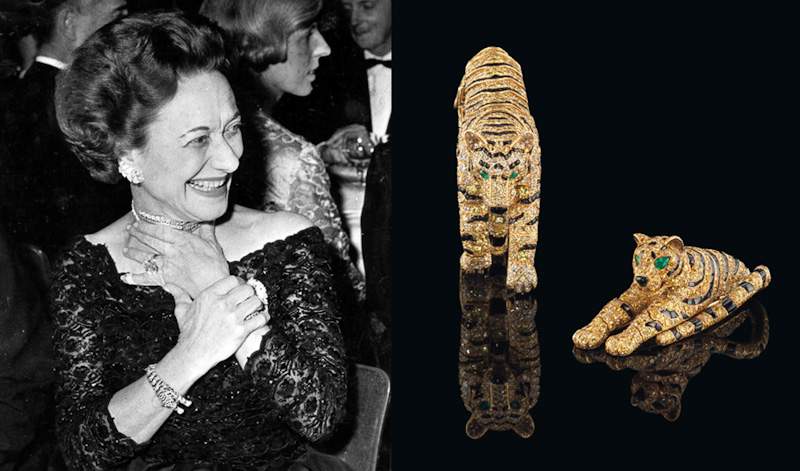 Wallis Simpson Duchess of Windsor wearing a tiger bracelet manufactured by Cartier