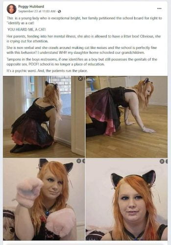 Facebook post about a non-verbal girl who identifies as a cat but this is a lie
