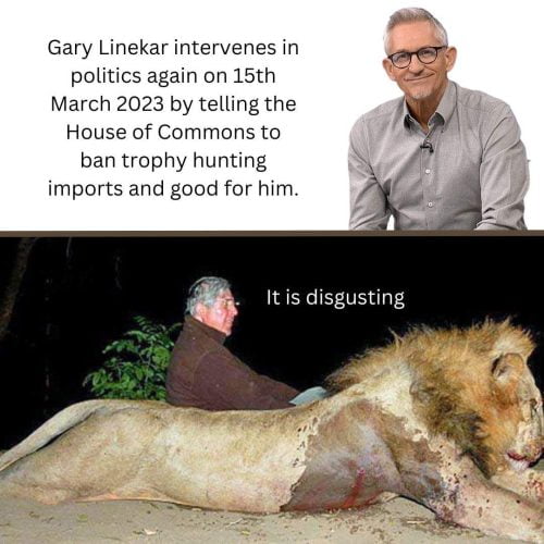Gary Lineker writes to The Times to encourage British members of Parliament to vote for a ban on the importation of trophies from trophy hunting
