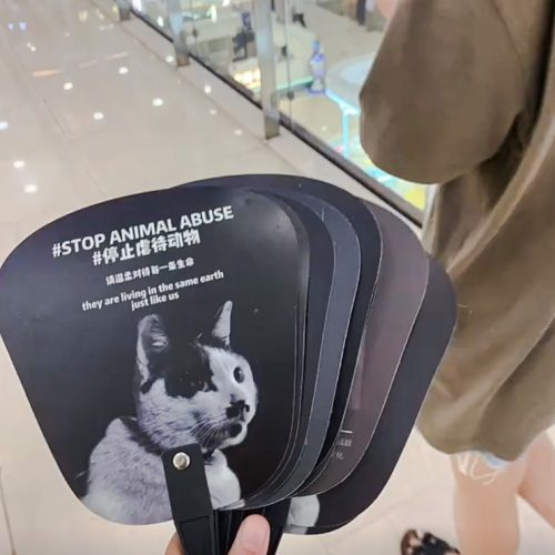 Young woman does her best to fight animal cruelty in China by distributing handouts to shoppers at a shopping mall to educate them and to try and change their opinions.
