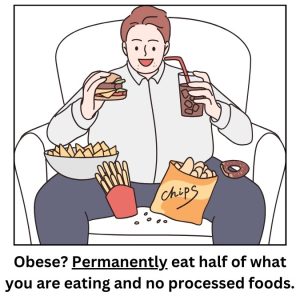 Obese? Eat half of what you are eating and no processed foods. This is a permanent change.