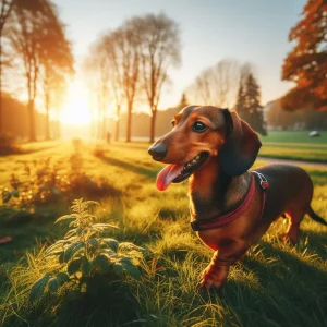 Dachshund going for a walk in a beautiful park on a beautiful evening