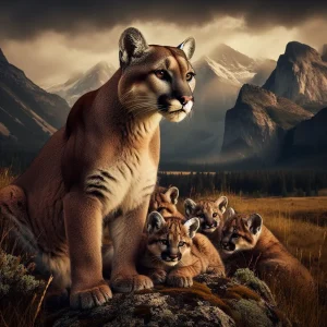 Female cougar and her cubs against a wild mountainous backdrop