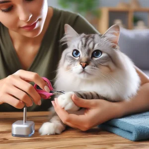 Woman trimming the nails of her cat companion