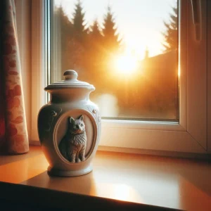 Domestic cat ashes in an urn on a window with the sun setting outside