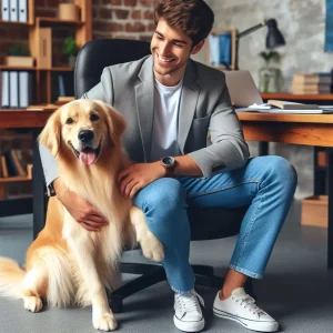Employee enjoying the presence of his dog at work at his employer's workplace