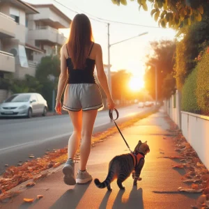 Woman takes her cat for a walk in the evening in suburbia