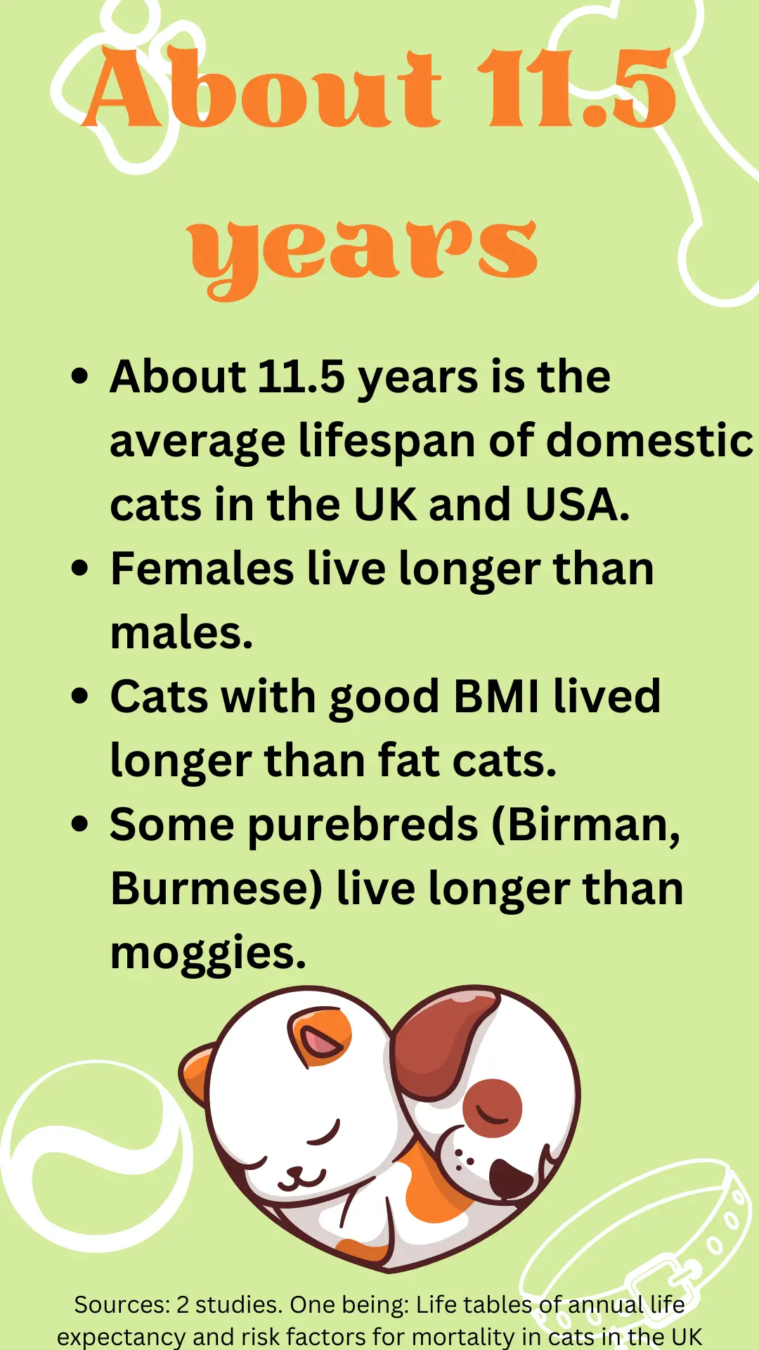 About 11.5 years is the average lifespan of domestic cats in the UK and USA