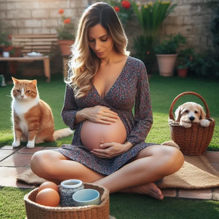 Pregnant mother with cat and dog