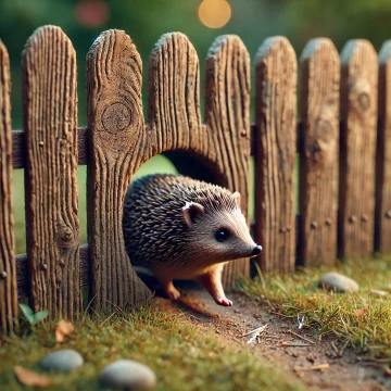 Imageby DALL·E 2024-11-03 08.00.53 - A detailed, realistic scene of a hedgehog walking through a small hole in a wooden fence in a backyard.
