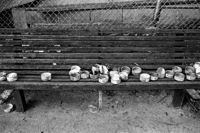 Empty 9 Lives cat food cans on a bench used I believe to feed stray cats. Morris would be proud. Photo  by Kilgub (Flickr)
